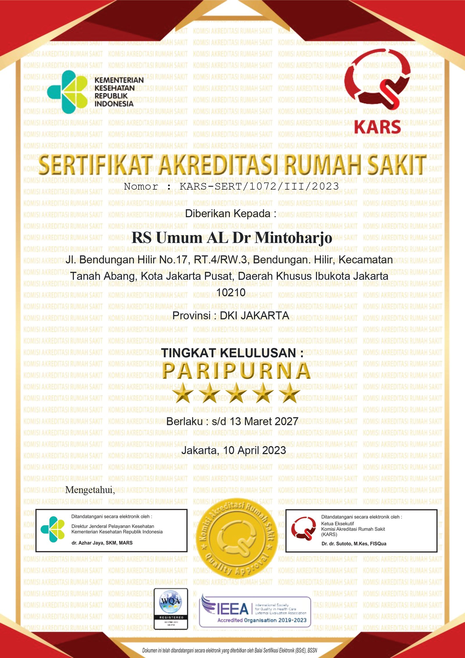 Sertifikat RS Umum AL Dr Mintoharjo