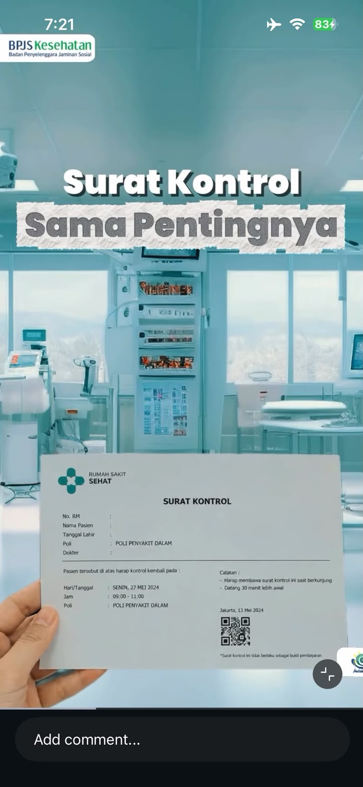 "Pengingat jadwal berobat ulang menggunakan fasilitas BPJS Kesehatan. Mari disiplin kontrol demi pemulihan yang optimal."